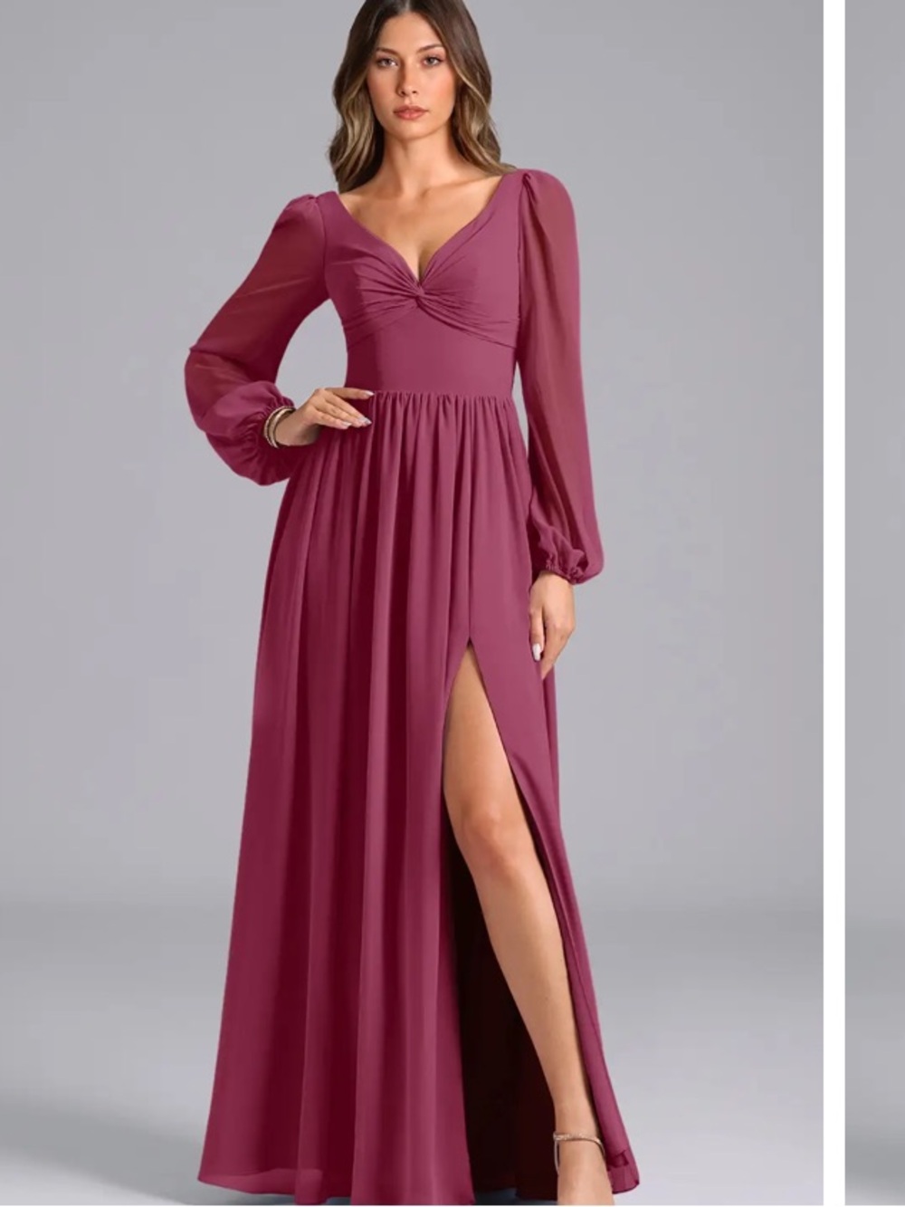 Azazie Mulberry A-Line Long Sleeve Chiffon Gown